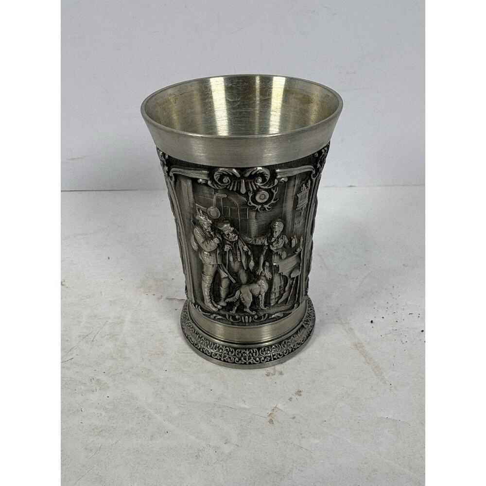 SKS ZINN 95% Pewter Shot Glass, 3 Raised Relief Designs, Made in Germany 3.75in